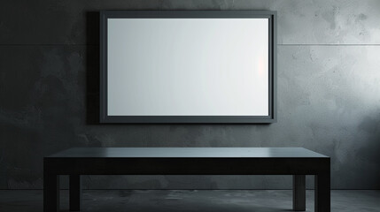 An immersive augmented reality studio with a blank frame under a grey table, deep grey wall serving as an AR projection screen.