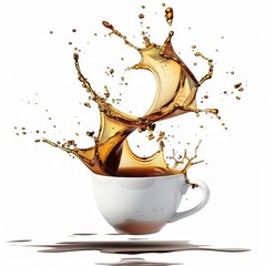 A cup of coffee is pouring out, white background, vector graphics.