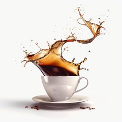 A cup of coffee is pouring out, white background, vector graphics.