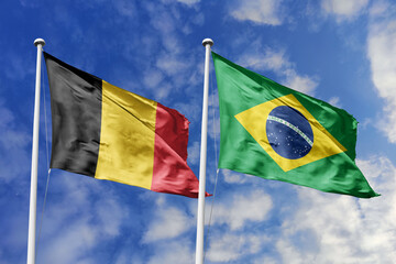 3d illustration. Belgium and Brazil Flag waving in sky. High detailed waving flag. 3D render. Waving in sky. Flags fluttered in the cloudy sky.