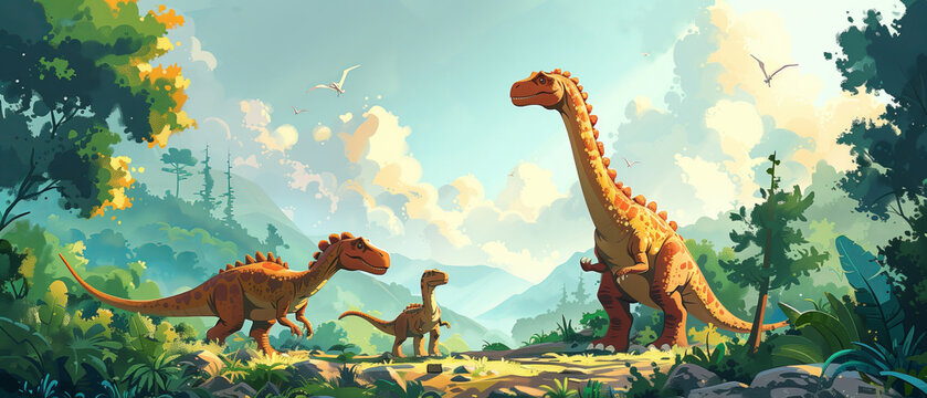 Fototapeta Happy dinosaurs roaming through a prehistoric landscape dotted with lush greenery, kids banner wallpaper