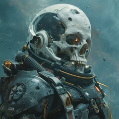 Futuristic sci-fi illustration of a skull-faced astronaut in a high-tech spacesuit, evoking a sense of mystery and exploration.