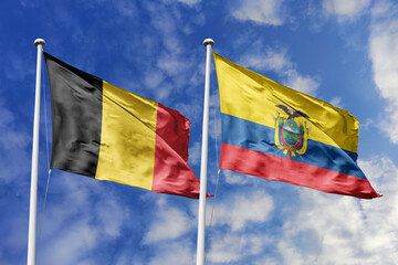 3d illustration. Belgium and Ecuador Flag waving in sky. High detailed waving flag. 3D render. Waving in sky. Flags fluttered in the cloudy sky.