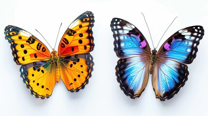 Set two beautiful colorful bright multicolored tropical butterflies. Generative Ai