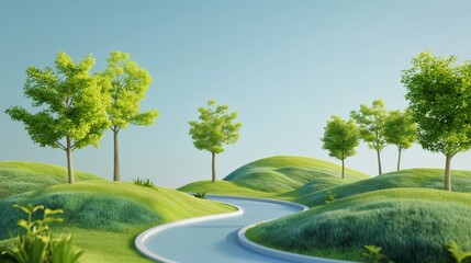 A scenic curved pathway winding through rolling green hills dotted with trees, creating a picturesque and tranquil landscape. Perfect for themes of nature, travel, and serene outdoor environments.