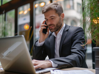 Phone call, laptop and talking business man, bank consultant or advisor feedback on research report, project or data. Smartphone chat, administration and corporate person consulting on online account.