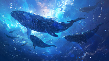 Fototapeta premium A surreal image of giant whales swimming through a starry cosmos, blending elements of marine life and outer space, creating an otherworldly scene. Ideal for sci-fi book covers or imaginative posters