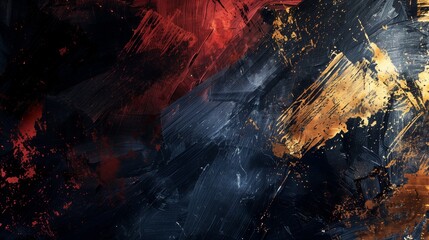 An abstract painting featuring vibrant red, shimmering gold, and bold black paint creating a dynamic and energetic composition