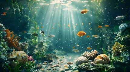about abstract nature underwater garden growth with seashells and fish
