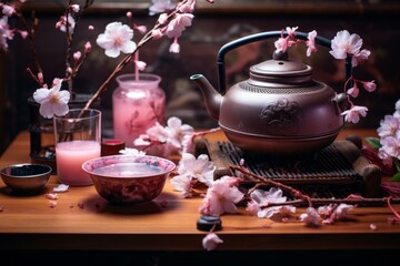 Obraz premium Serene Sakura tea ceremony. Spring herbal. Generate Ai