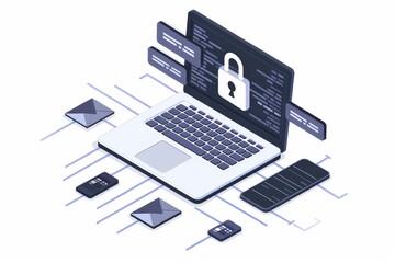 Creative vector illustration of secure online transactions with a laptop, digital icons, and a network interface, showcasing modern e commerce safety