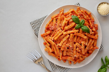 Homemade Italian Casarecce Pasta with Creamy Tomato Sauce, top view. Flat lay, overhead, from above. Copy space.