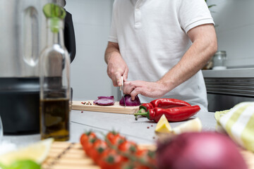 Hands of a Man Chopping Onion with Ingredients for Preparing Mexican Salsa