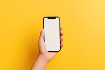 A close-up of a hand holding a smartphone with a blank screen on a vibrant yellow background. Ideal for themes of technology, communication, and modern lifestyle.