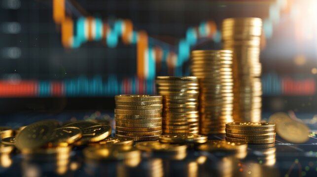 Stack of gold money coin with trading graph, financial investment