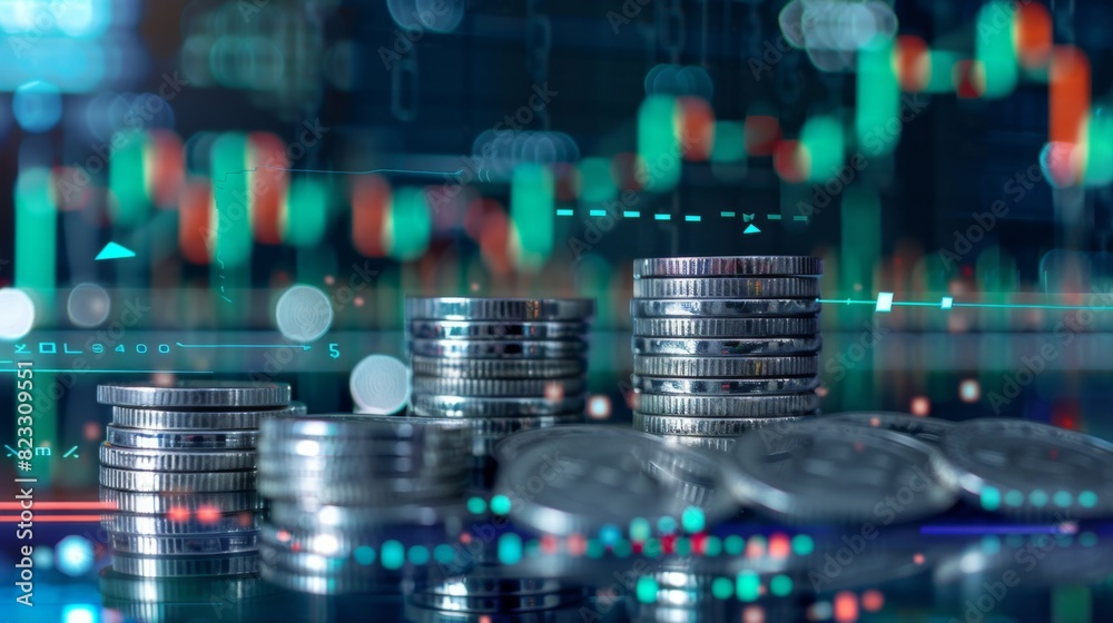 Poster stack of silver coins with trading chart in financial concepts and financial