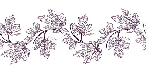 Figs seamless border. Curved branches with leaves. Vector illustration in graphic style. For cards, invitations, food and cosmetic packaging, covers, fabric, textiles, wallpaper. © Farida
