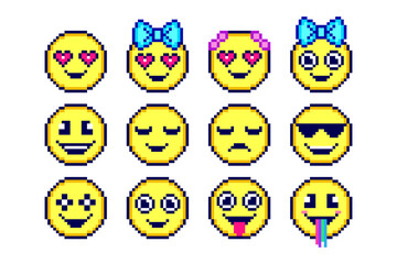Set of emoticons in pixel art style on white background.