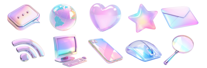 3D transparent holographic glass of social elements png on transparent background