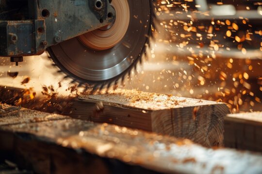 Cutting of wooden block using a silver circular saw at a carpenter's studio