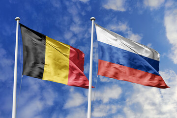 3d illustration. Belgium and Russia Flag waving in sky. High detailed waving flag. 3D render. Waving in sky. Flags fluttered in the cloudy sky.