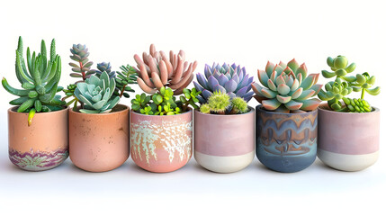 Different types of potted succulents arranged in a decorative arrangement on a windowsill isolated on white background, minimalism, png
