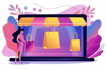 Lively vector illustration of secure digital shopping with a woman interacting with a large screen, shopping bags, and icons, highlighting modern e commerce safety