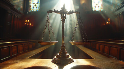 Vintage scales of justice in a courtroom illuminated by sunlight