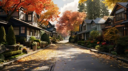 Naklejka premium A photo of a residential street with autumn foliage.