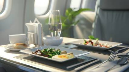 First-class meal served in-flight with wine and fine dining setup.