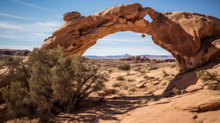 Arid landscape features sandstone arch.