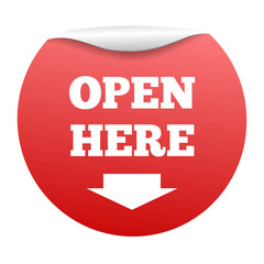 OPEN HERE sticker circle shape, guiding the user on where to access or begin