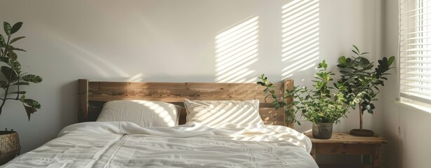 Wooden bed with white linen and pillows against the window in an empty room, next to potted plants