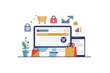 Creative vector illustration of secure online shopping with a large screen, shopping icons, and various devices, showcasing digital safety and e commerce technology