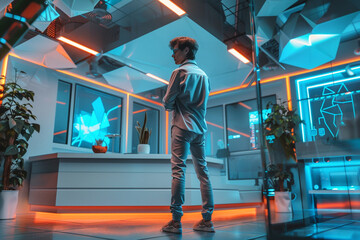 Young tech entrepreneur facing startup challenges, 3D rendered in a futuristic office 