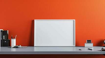 A creative design studio with a blank frame on a grey table, deep orange wall inspiring innovative thoughts.