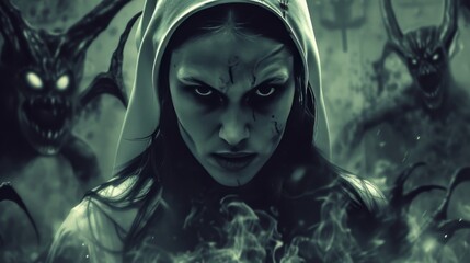 A young woman in a nun's habit stares menacingly, surrounded by demonic creatures in a dark, smokey environment, adding a sinister vibe.