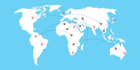 Air plane flight routes with red pin point and dash line trace. Dashed path on world map background.