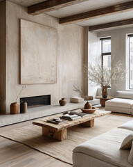 Modern minimalist living room with large abstract painting and rustic wooden furniture