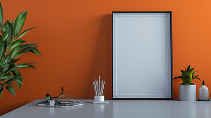 A creative design studio with a blank frame on a grey table, deep orange wall inspiring innovative thoughts.