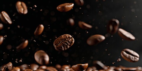 Few coffee beans flying in the air against a black background in a studio shot photographed