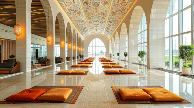Elegant multi-faith prayer room in an international airport with ornate design and bright natural lighting