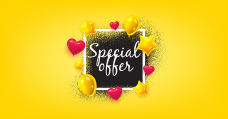 Special offer frame with balloons. Sale discount offer label. Black grain noise spray banner with border. Paint ink grain dotted spray. Frame badge with heart balloons. Noise design frame. Vector