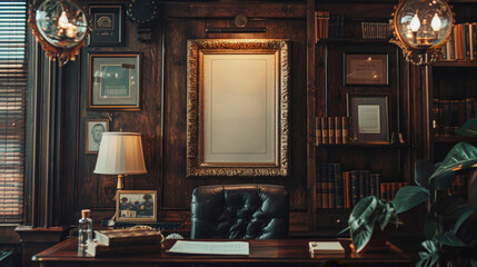 Elegant home office with a large framed patent certificate hanging on a wooden wall