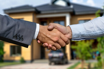Zoomed-in image of a handshake between a real estate agent and a client, property listings in the background 