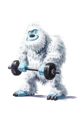 A cartoon yeti or bigfoot hairy character doing fitness with barbell, isolated on white background