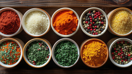 Various colorful spices at the Spice ,Colorful herbs and spices for cooking, Hot spices and chili peppers in wooden bowls flying over wood background 