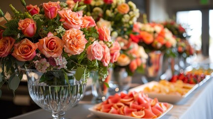 event decorations, stunning flower displays on the buffet table elevate the elegance of the catering service at the event