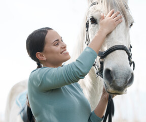 Care, horse or happy woman in countryside with jockey or rider for outdoor hobby, sports or...