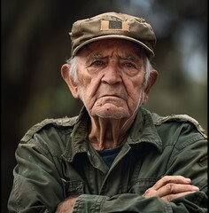 Obraz premium An aged military veteran with a somber look, standing with crossed arms, reflecting on his service years, with a soft focus background